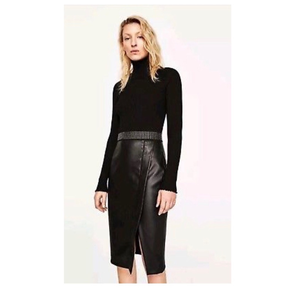 Zara A-line Faux Leather Midi Skirt with Studs